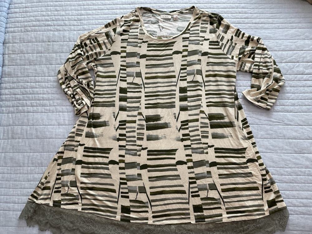 LOGO Top 2X Green Abstract A286950 Lace Hem Knit Top Boho Gypsy F11